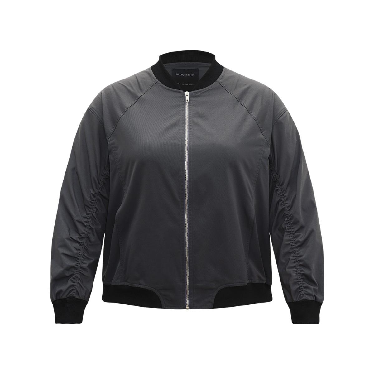 Plus Size Plain Pocket Patchwork Zipper Bomber Jacket Women DimGray Elastic cuffs Pocket Everyday Jackets BloomChic 12/L Product Image