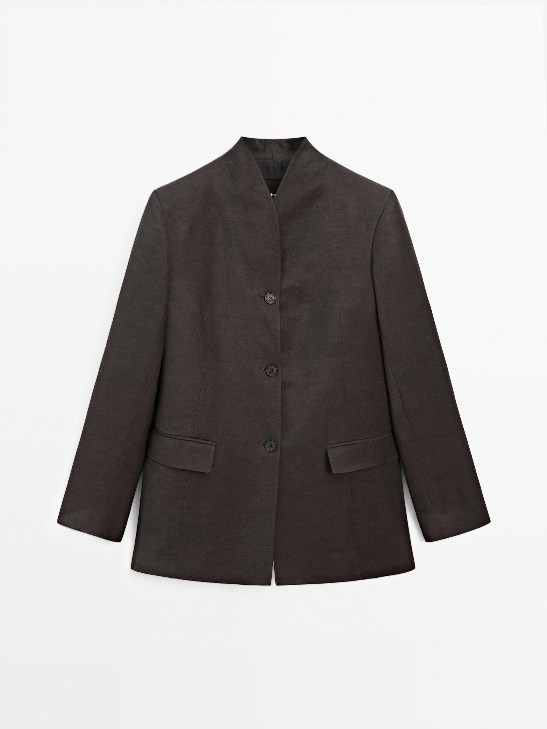 Linen blend high neck blazer Product Image