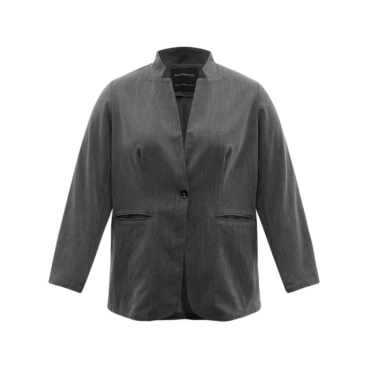 Plus Size Stand Collar Button Up Pocket Blazer Gray Women Office Plain Plain Sleeve Long Sleeve Stand-up collar 30/6X Pocket Office Blazers BloomChic Product Image