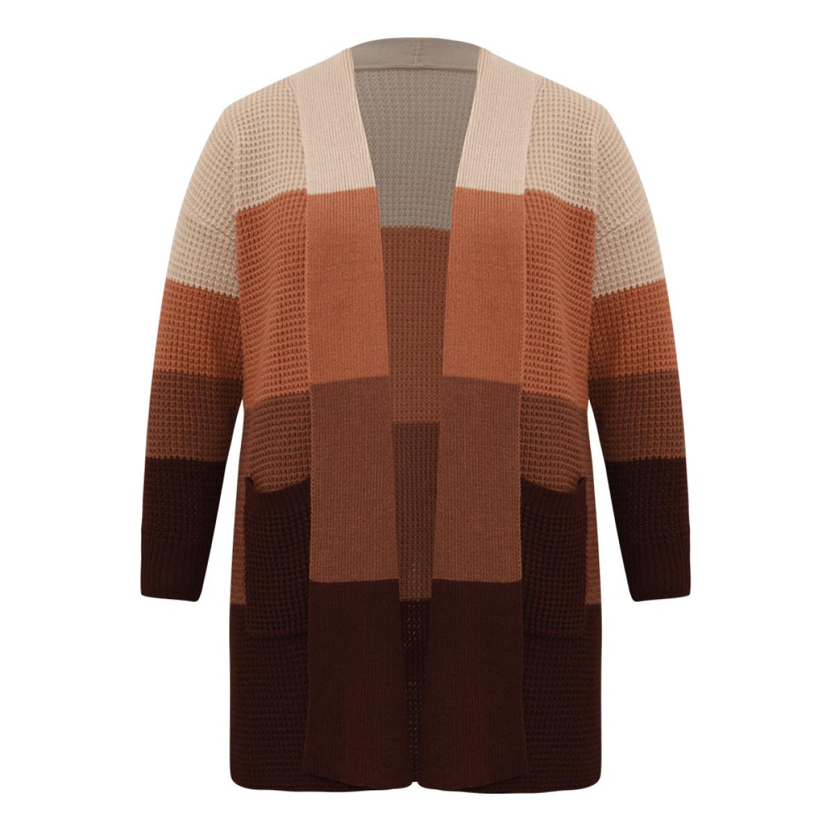 Plus Size Colorblock Contrast Pocket Open Front Cardigan Multicolor Women Casual Loose Long Sleeve Dailywear Cardigans BloomChic 12/L Product Image