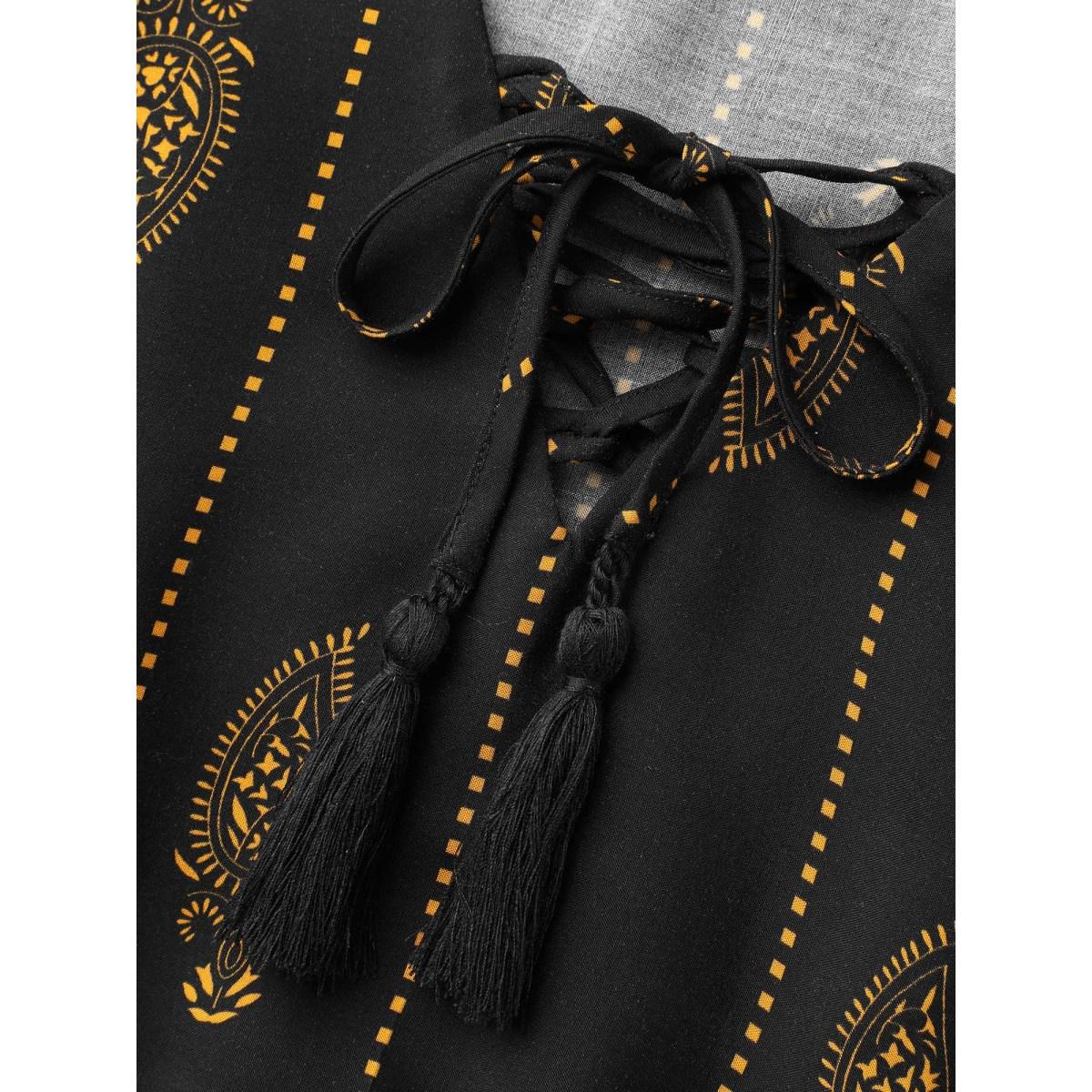 Plus Size Black Boho Print Lace Up Bell Sleeve Blouse Women Elegant Elbow-length sleeve V-neck Everyday Blouses BloomChic 14-16/1X Product Image