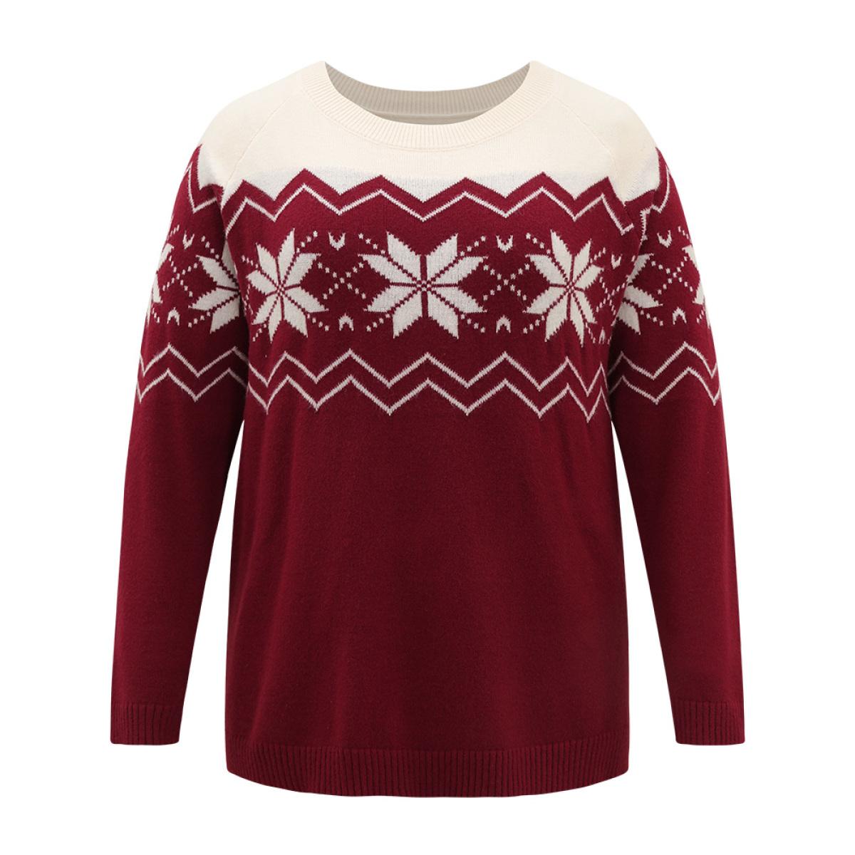 Plus Size Supersoft Essentials Snowflake Colorblock Pullover Scarlet Women Casual Loose Long Sleeve Round Neck Festival-Christmas Pullovers BloomChic 18-20/2X Product Image