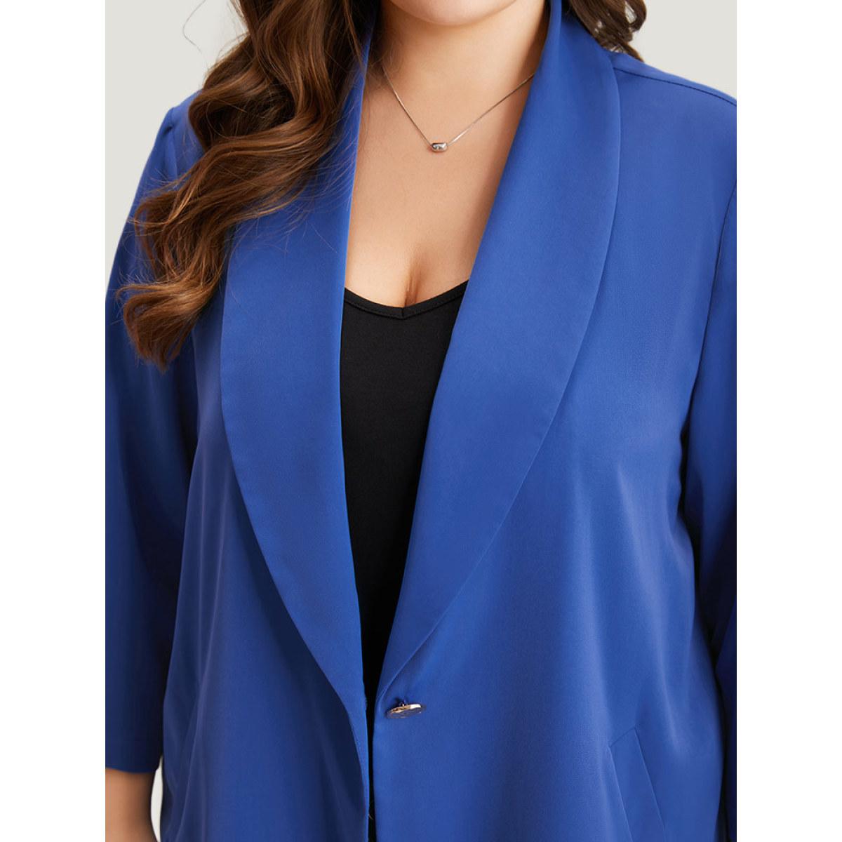 Plus Size Solid Lapel Collar Pocket Blazer Blue Women Work Plain Plain Sleeve Long Sleeve Lapel Collar 10/M Pocket Office Blazers BloomChic Product Image