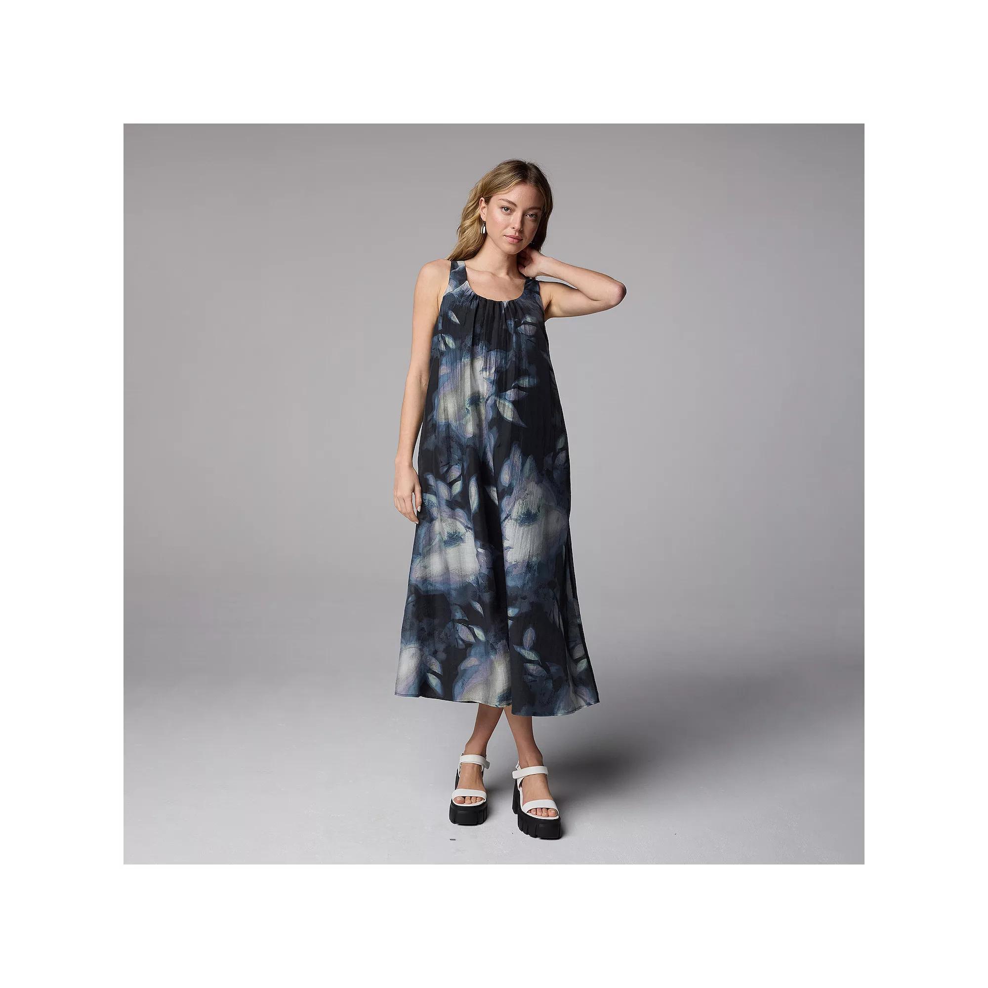 Petite Simply Vera Vera Wang Shirred Neck Maxi Dress, Women's, Size: Large Petite, Blue Lrg Floral Product Image