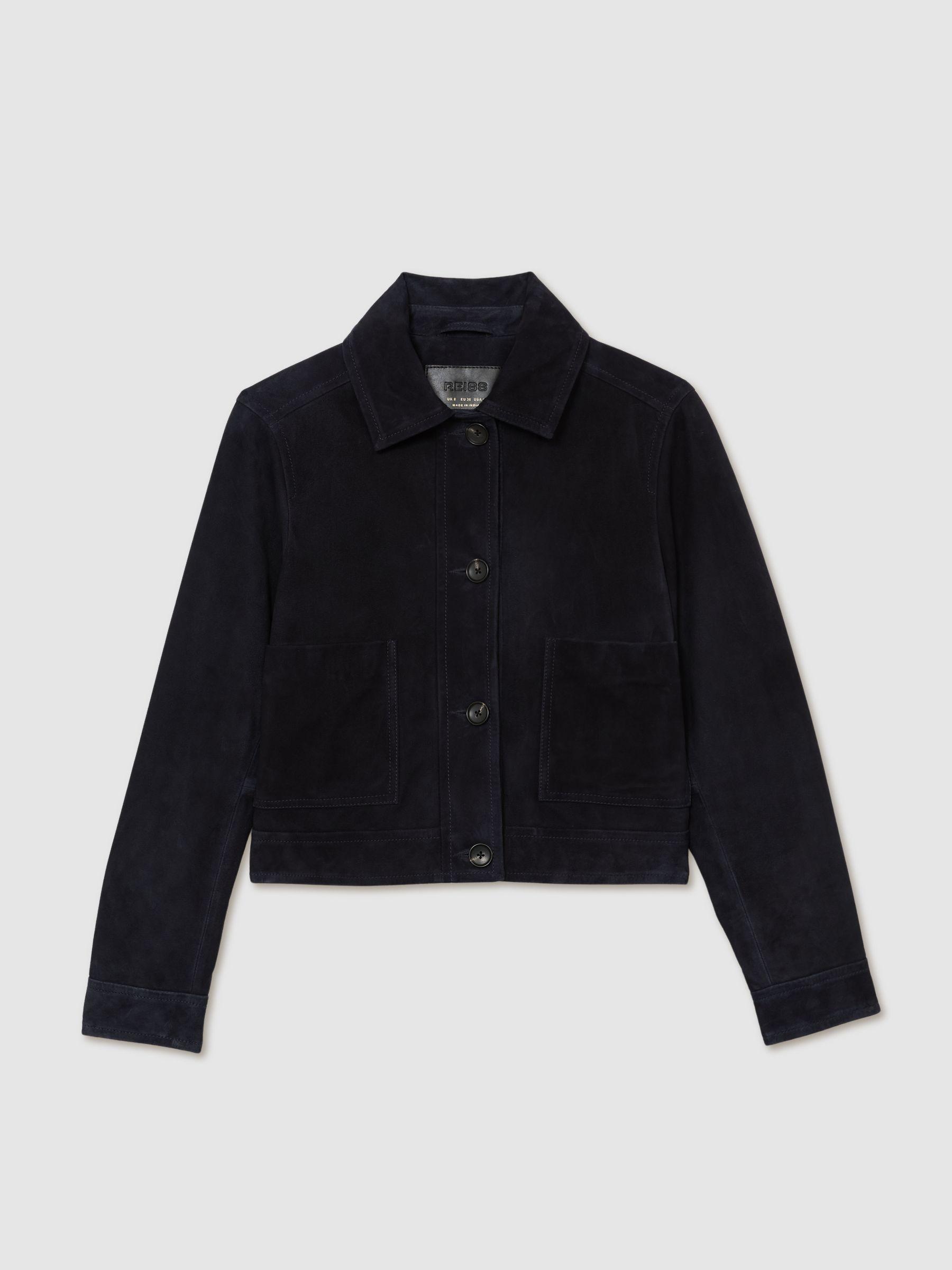 Suede Cropped Trucker Jacket in Navy Product Image