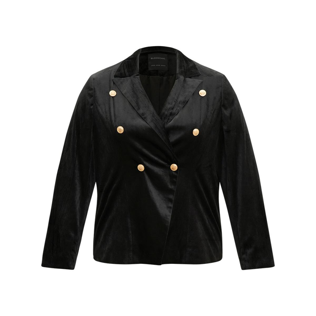 Plus Size Velvet Lapel Collar Metai Detail Blazer Black Women Dailywear Plain Plain Sleeve Long Sleeve Lapel Collar 28/5X Elegant Blazers BloomChic Product Image