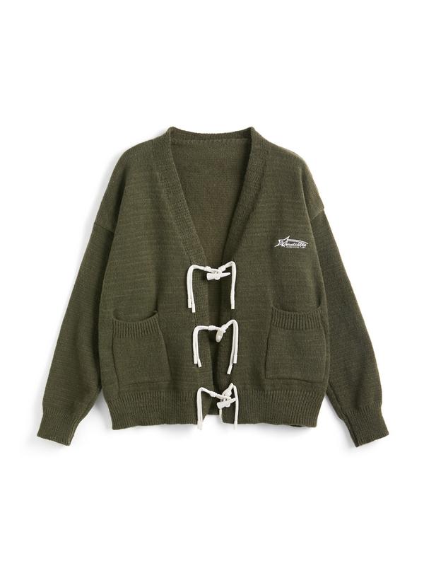 Preppy Horn Buckle V Neck Cardigan Product Image