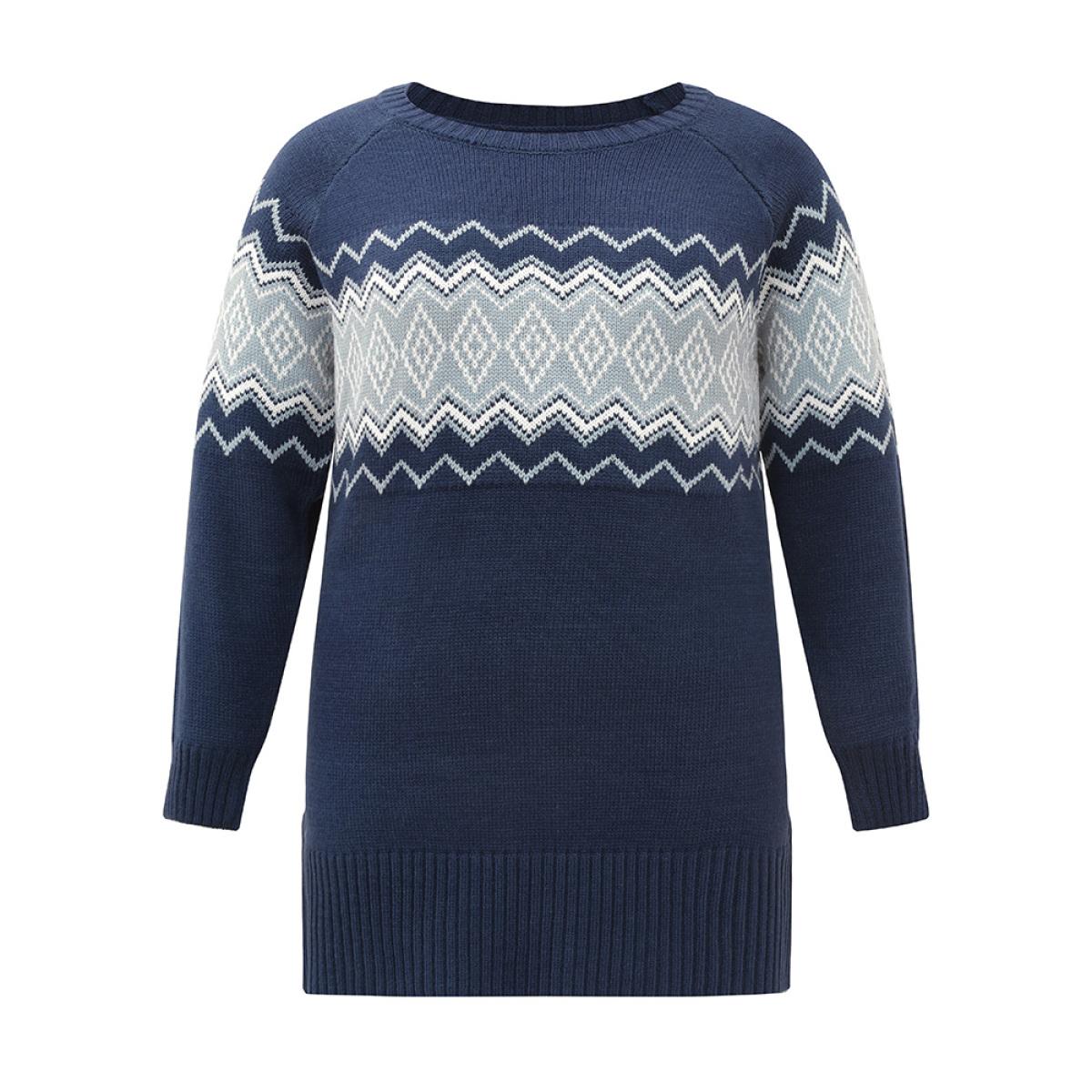 Plus Size Geo Raglan Sleeve Elastic Hem Pullover Indigo Women Casual Loose Long Sleeve Round Neck Everyday Pullovers BloomChic 28/5X Product Image