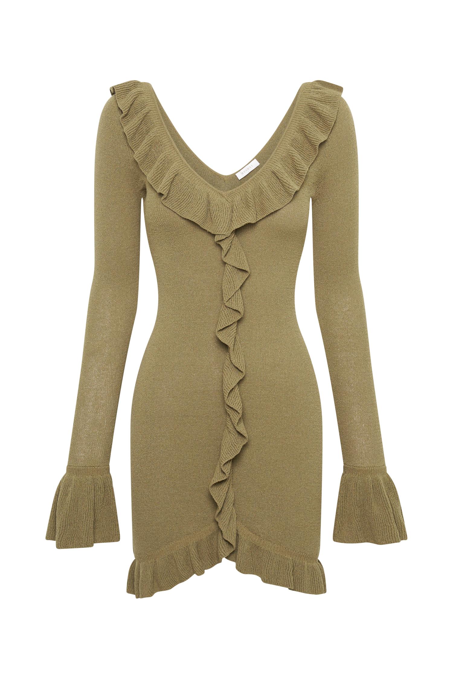 Karolina Knit Mini Dress With Frill - Olive Product Image