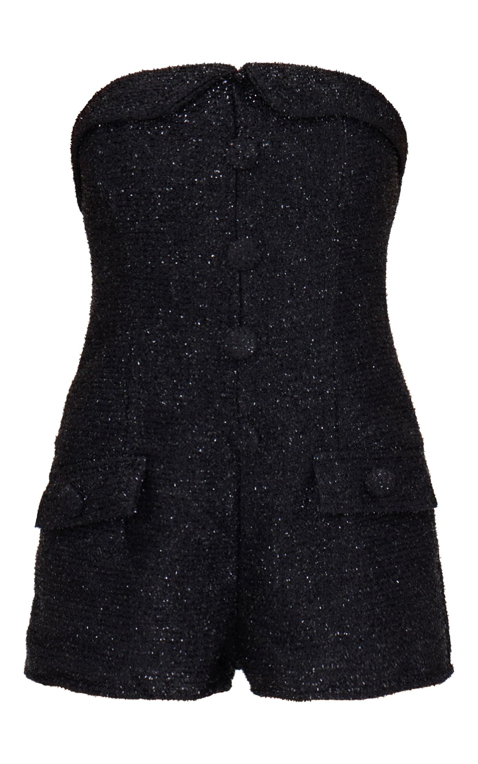 Black Tweed Bandeau Button Detail Romper Product Image