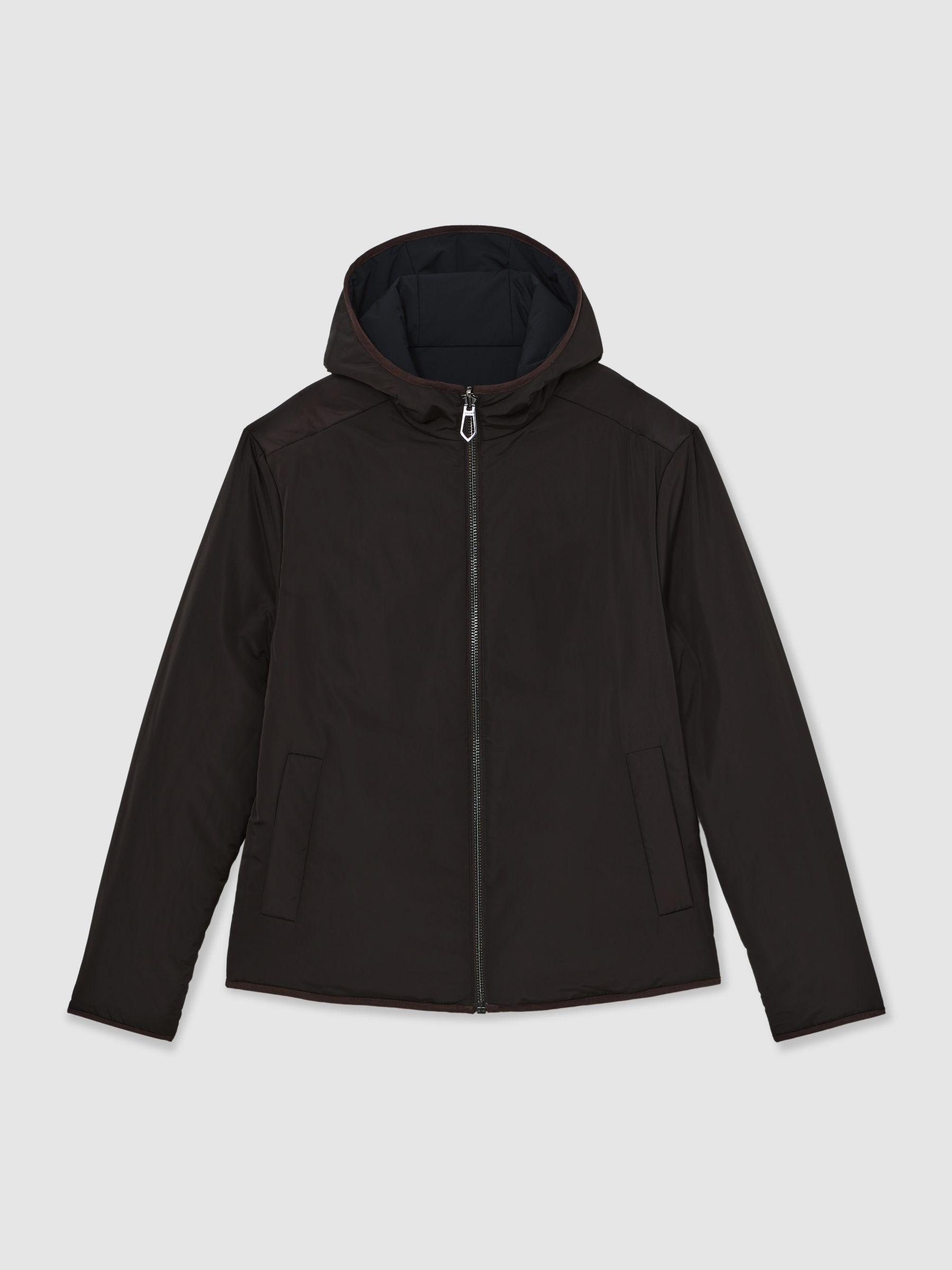 Reversible Hooded Puffer Jacket in Navy/Brown Product Image