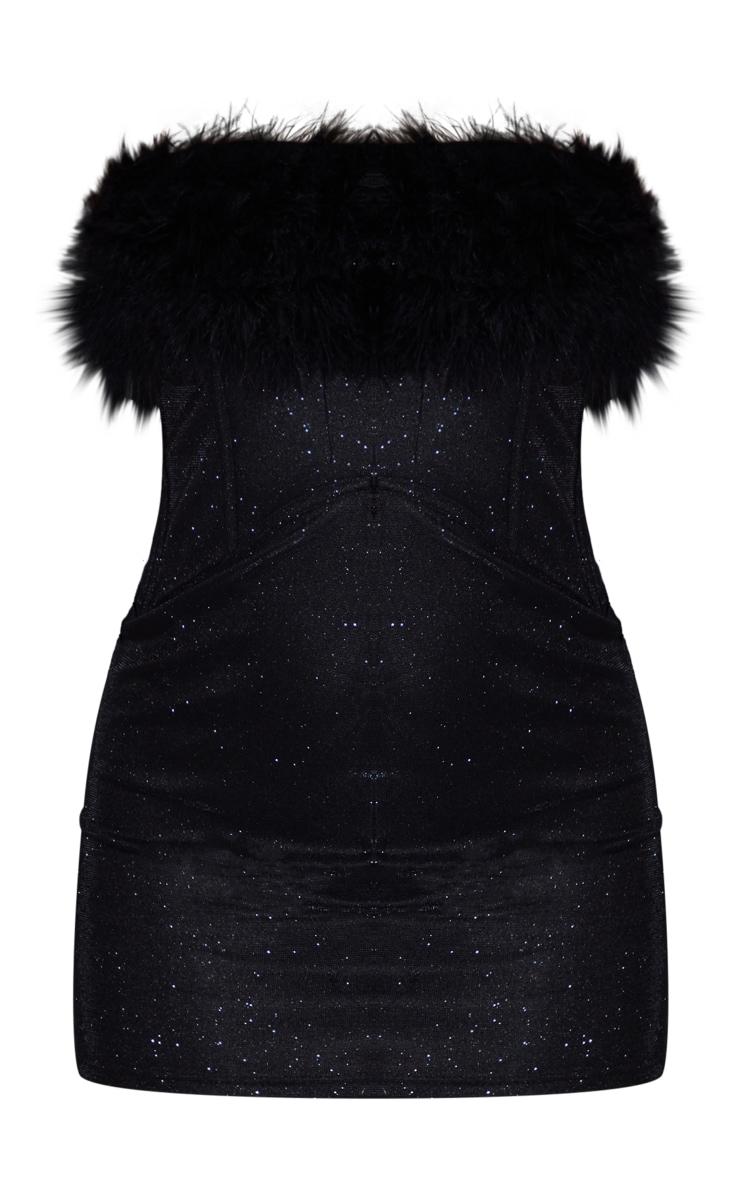 Black Glitter Corset Feather Bandeau Bodycon Dress Product Image