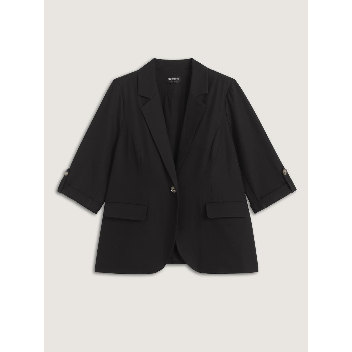 Plus Size Tab Sleeve Pockets Solid Blazer Black Women Office Roll Hem Button cuff sleeve Elbow-length sleeve Suit Collar 28/5X Open pocket with flap Office Blazers BloomChic Product Image