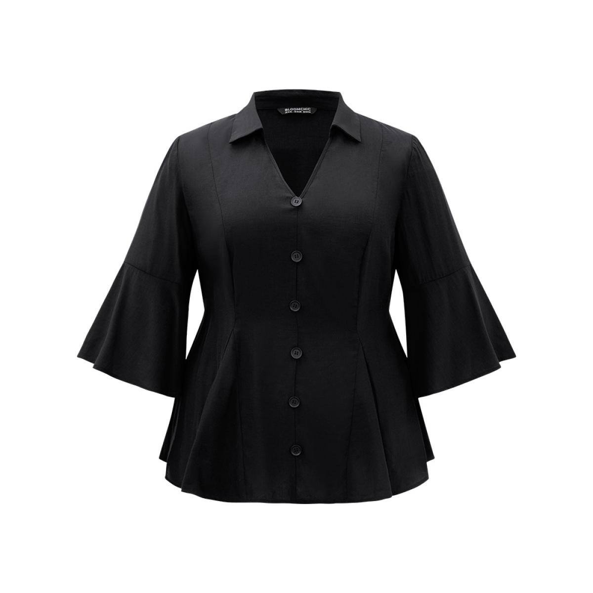 Plus Size Black Plain Button Detail Bell Sleeve Blouse Women Office Elbow-length sleeve Shirt collar Work Blouses BloomChic 10/M Product Image
