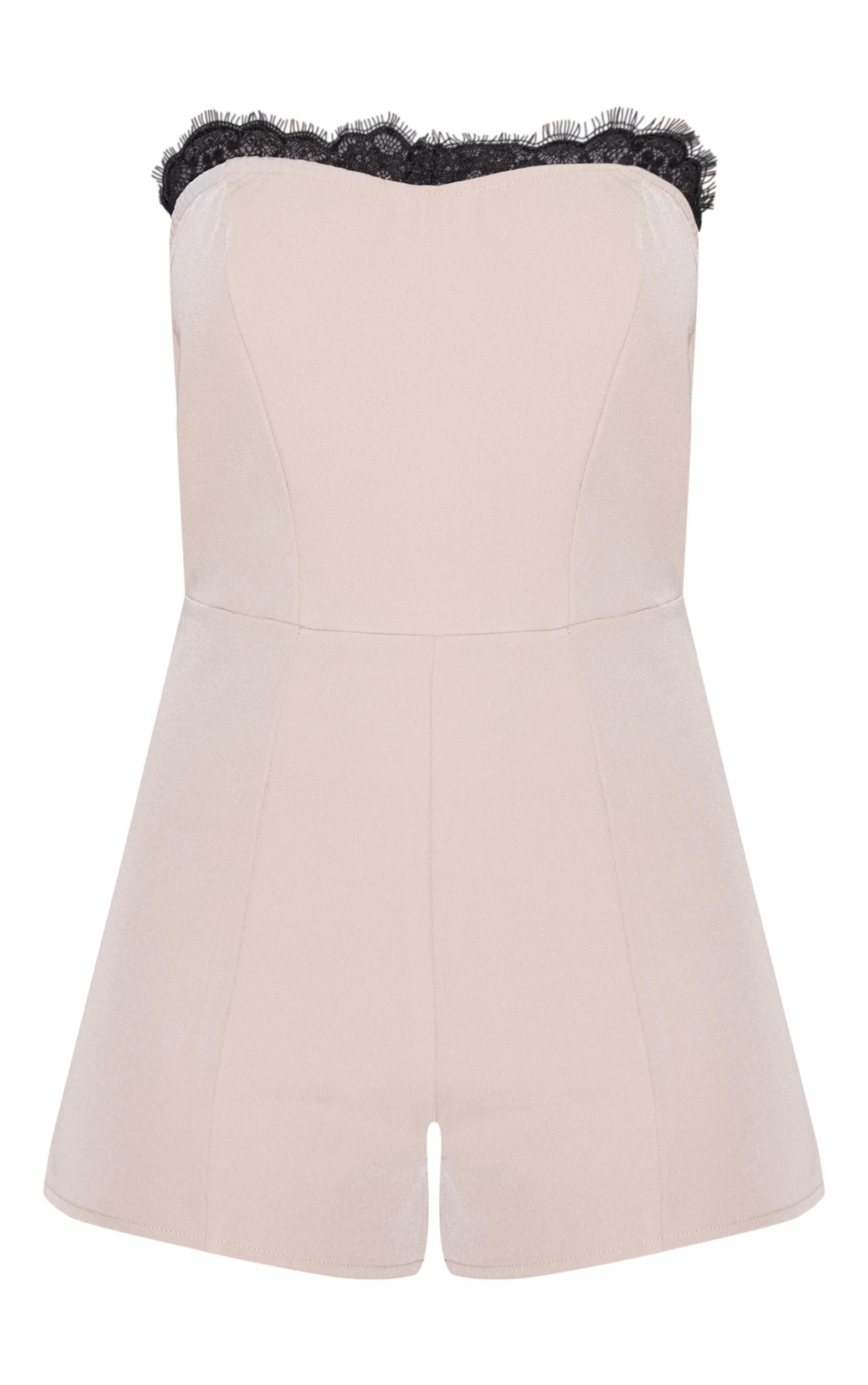  Taupe Lace Detail Woven Bandeau Romper Product Image