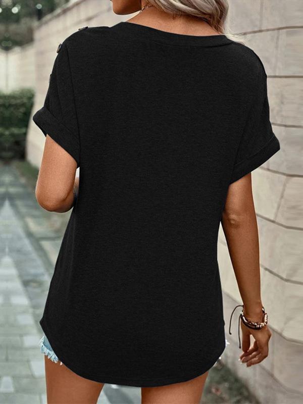 Loose Short Sleeves Buttoned Solid Color V-Neck T-Shirts Tops Product Image
