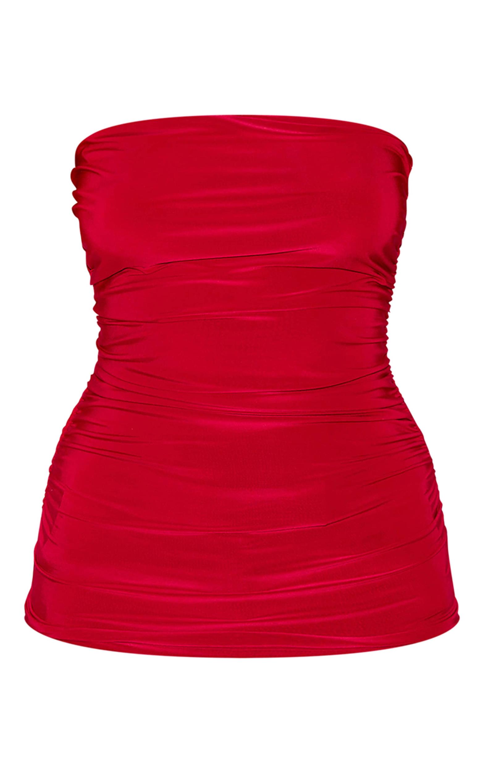 Tomato Red Double Layer Slinky Ruched Bandeau Longline Top Product Image