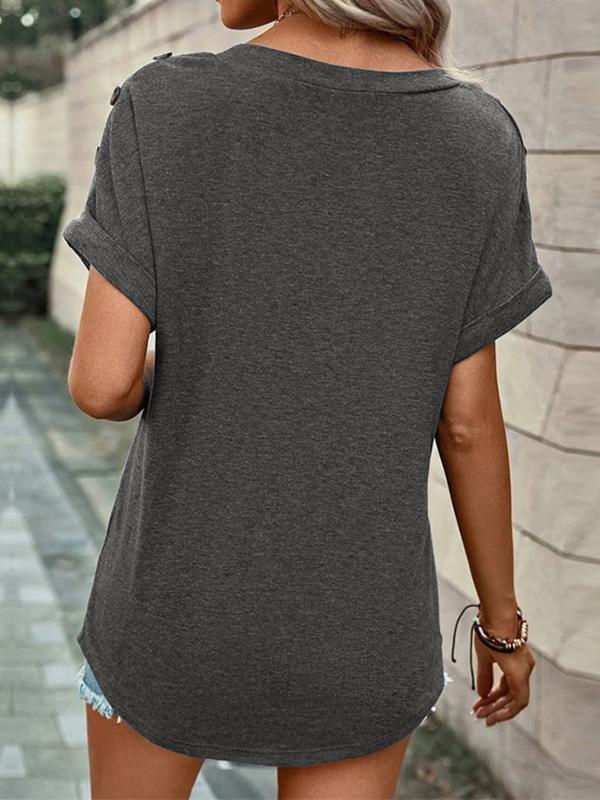 Loose Short Sleeves Buttoned Solid Color V-Neck T-Shirts Tops Product Image
