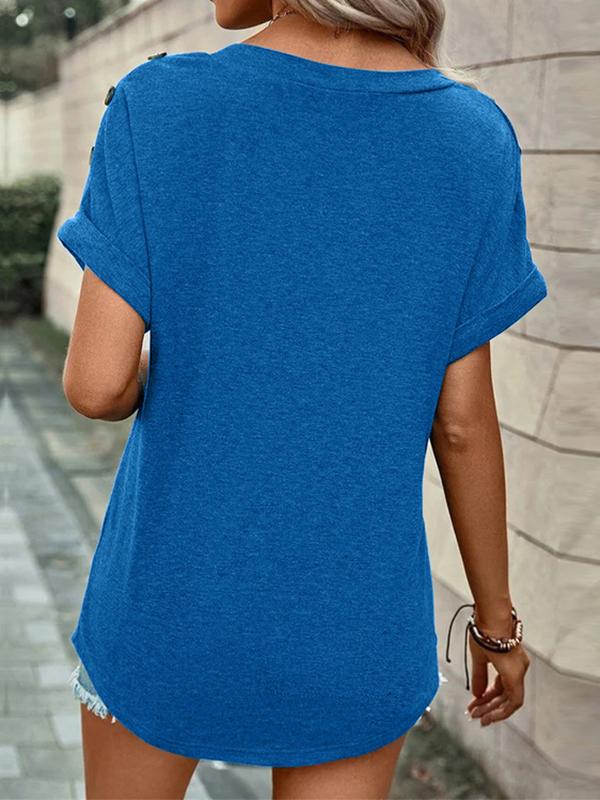 Loose Short Sleeves Buttoned Solid Color V-Neck T-Shirts Tops Product Image