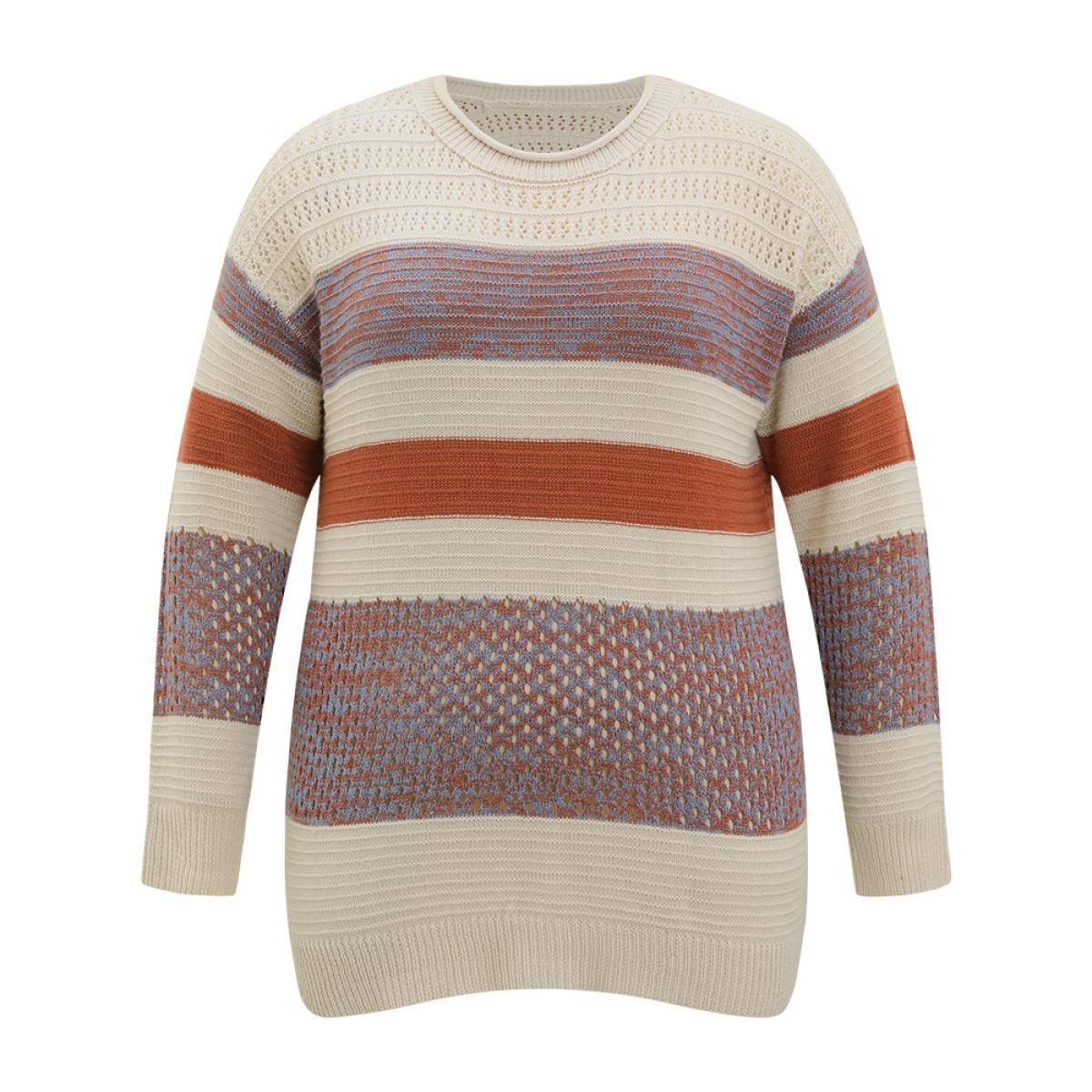 Plus Size Colorblock Contrast Drop Shoulder Cut Out Pullover Multicolor Women Casual Loose Long Sleeve Round Neck Dailywear Pullovers BloomChic 28/5X Product Image