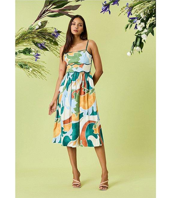 Donna Morgan Poplin Multi Print Square Neck Sleeveless Scalloped Trim Midi Dress Product Image