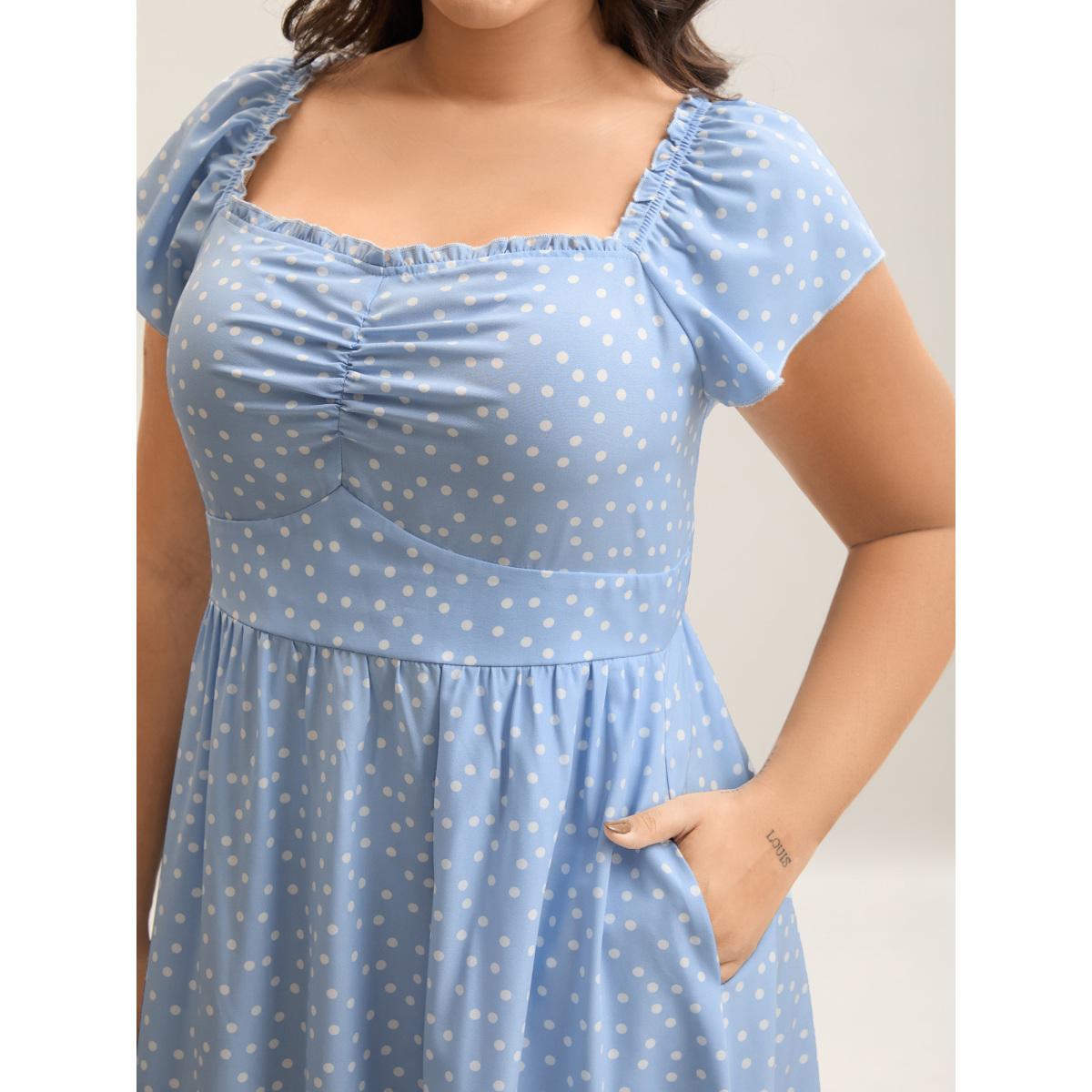 Plus Size Ruffle Trim Polka Dots Pockets Midi Dress LightBlue Women Non Short sleeve Curvy BloomChic 30/6X Product Image