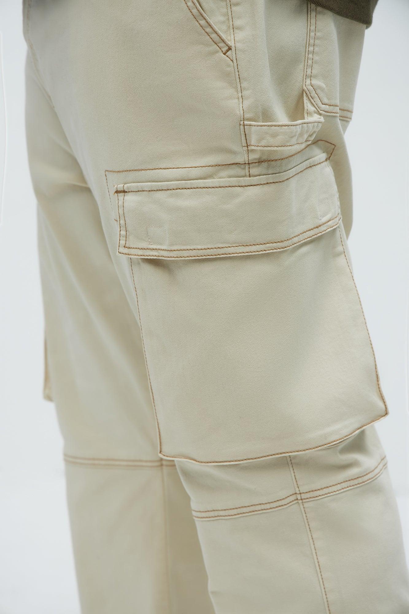 Stay In Lane Contrast Stitch Cargo Pants - Ivory Product Image