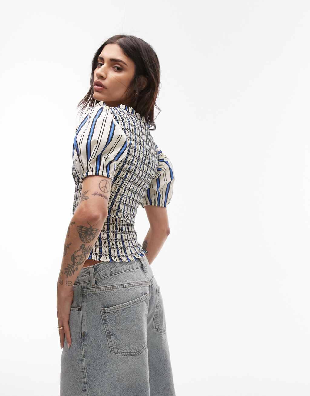 Topshop v neck puff sleeve shirred top in ivory and blue stripe Product Image
