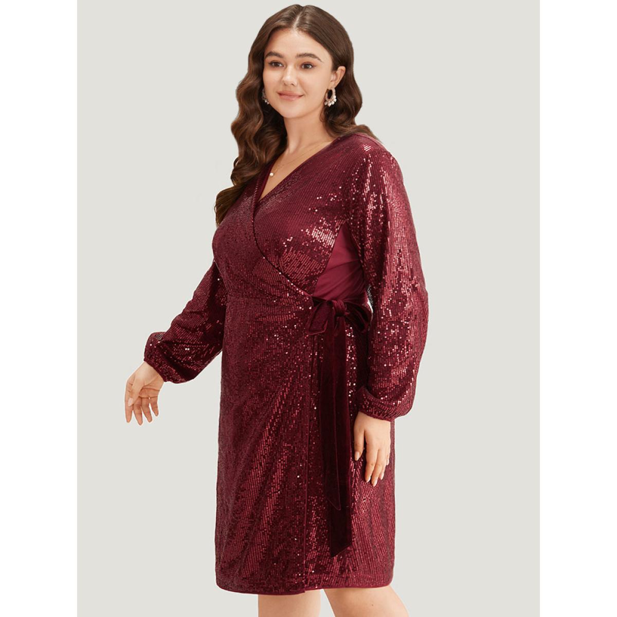 Plus Size Sequin Ties Side Surplice Neck Lantern Sleeve Dress Scarlet Women Cocktail Elastic cuffs V-neck Long Sleeve Curvy Knee Dress BloomChic 10/M Product Image