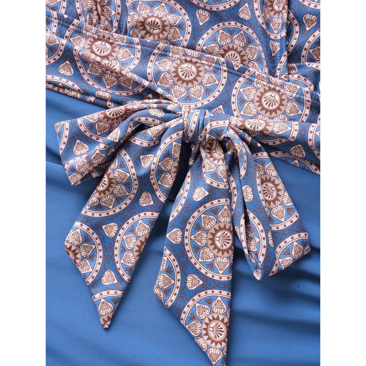 Plus Size Boho Print Overlap Collar Patchwork One Piece Swimsuit Women's Swimwear Indigo Beach Gathered Curve Bathing Suits High stretch One Pieces BloomChic 28/5X Product Image