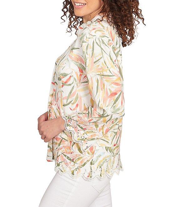 Ruby Rd. Petite Size Coordinating Tropical Fern Print 3/4 Sleeve Lace Embroidered Scallop Edge Button Front Shirt Product Image