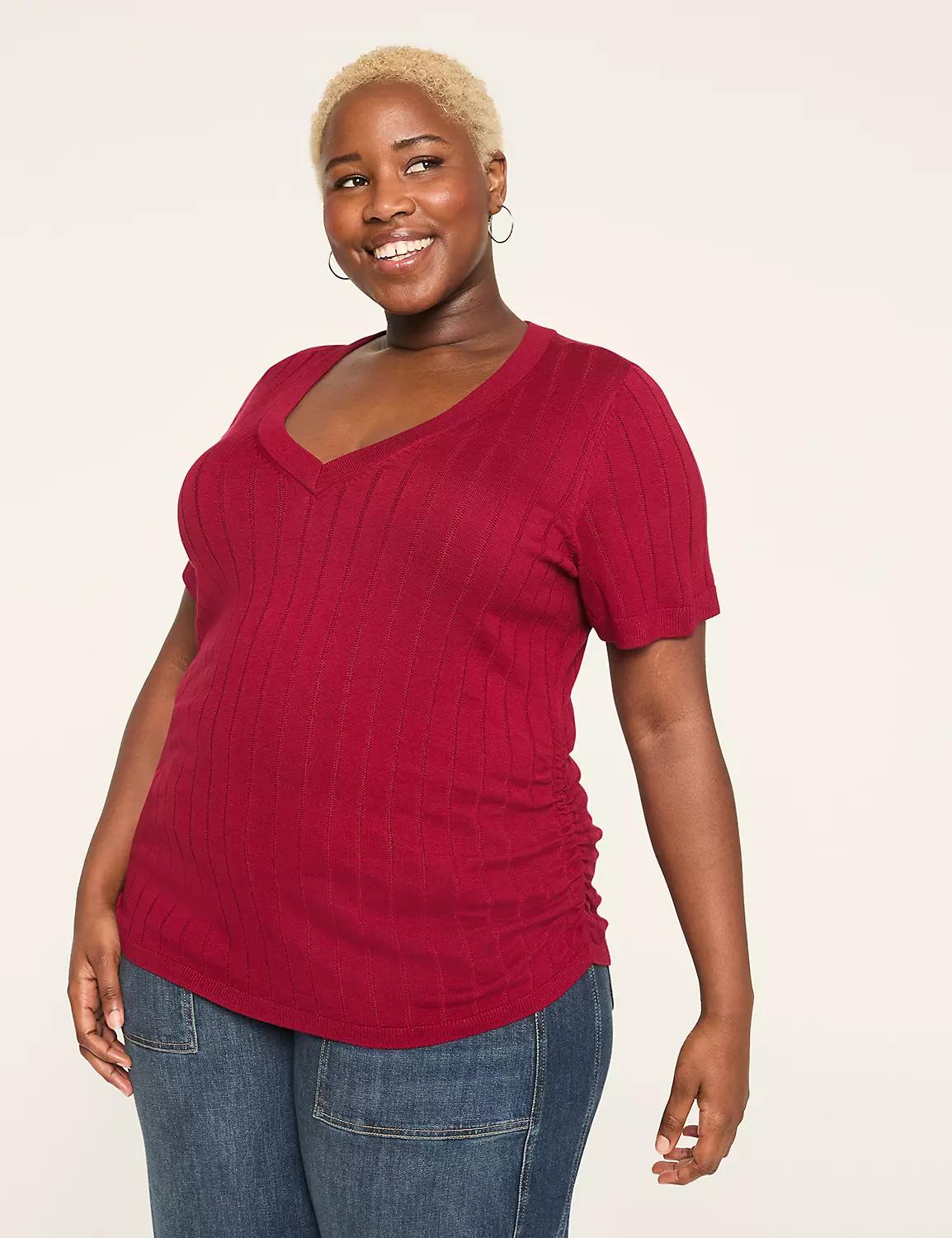 Fitted Short-Sleeve Side-Ruched Sweater Product Image