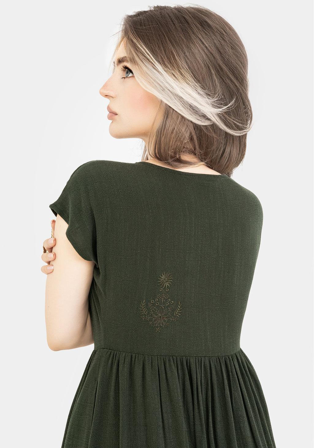 Foliate Linen-Blend Embroidered Button Up Midi Dress - Green Product Image