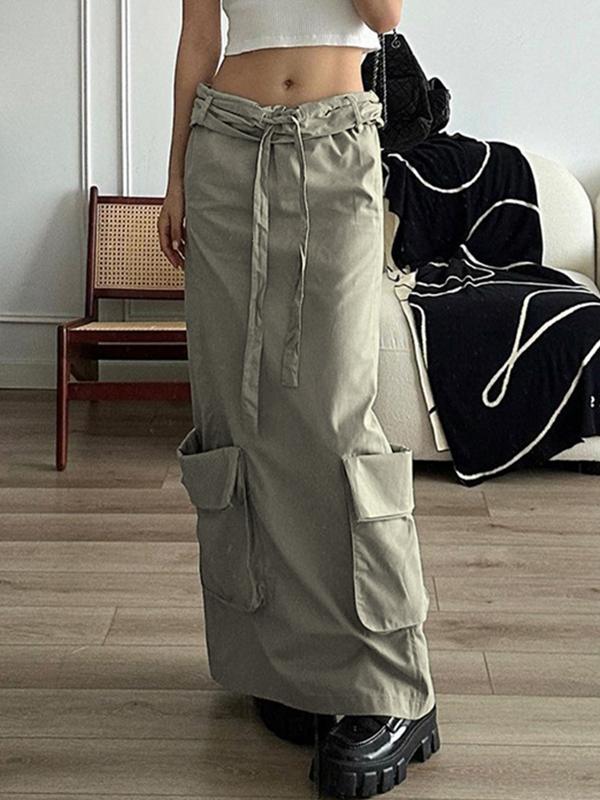 Low Waist Big Pocket Rolled Lacing Midi Skirt Product Image