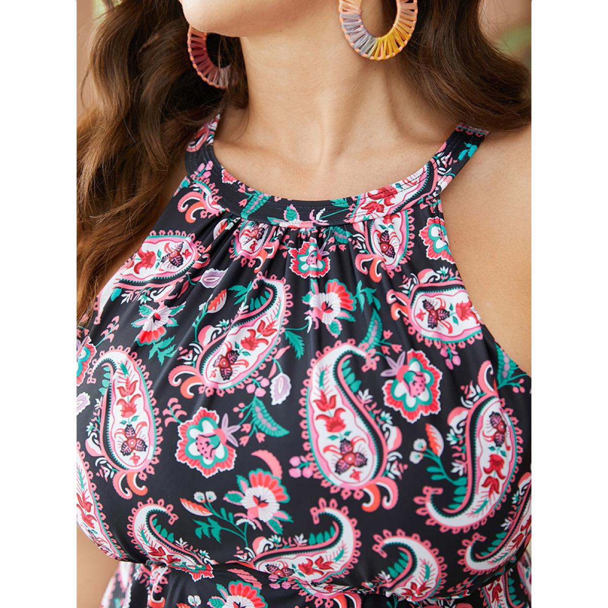 Plus Size Paisley Print Hanky Hem Cut Out Halter Neck Tankini Top Women's Swimwear Black Vacation A-line High stretch Bodycon Round Neck Curve Swim Tops BloomChic 10/M Product Image