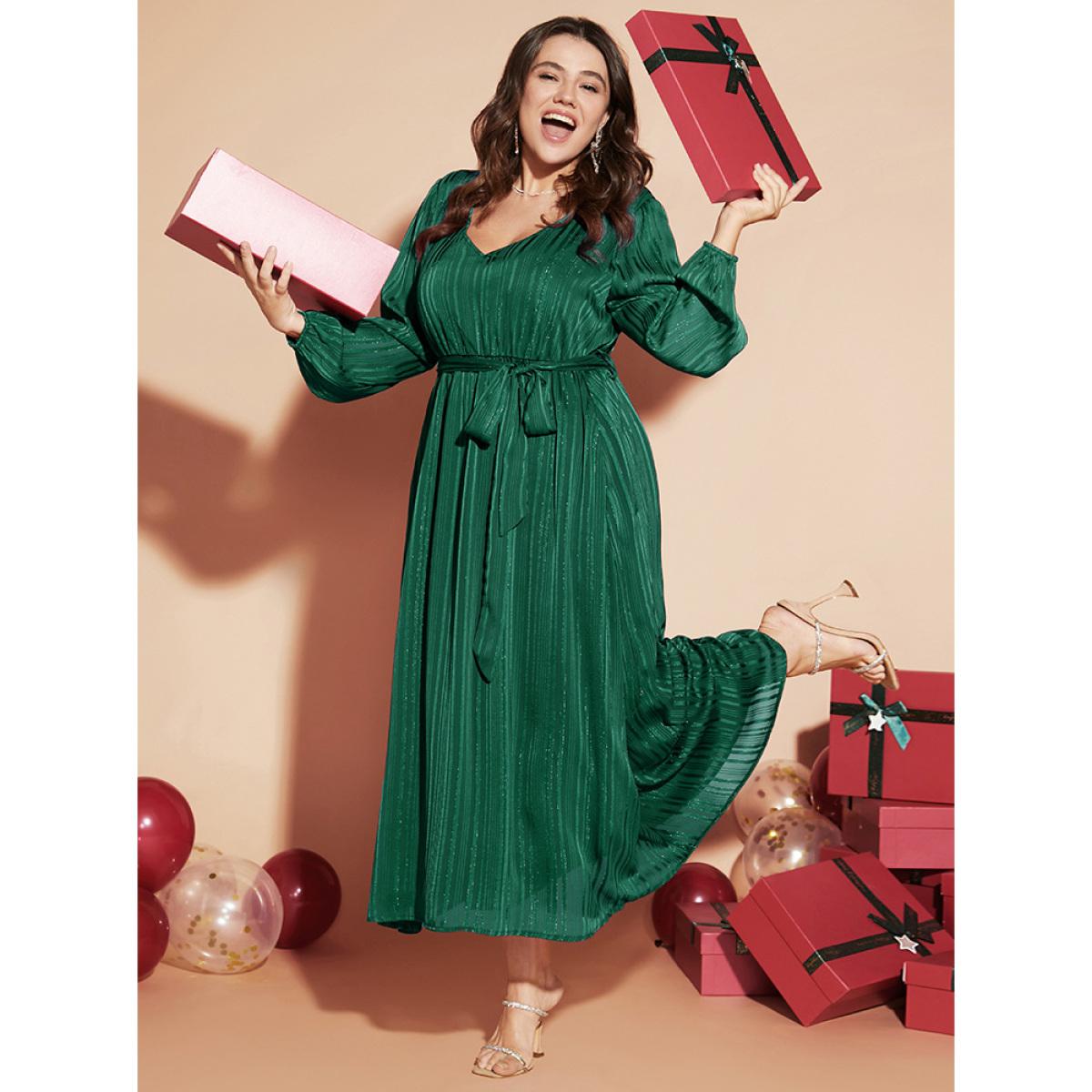 Plus Size Solid Pocket Lantern Sleeve Belted Sequin Dress Green Women Party Pocket V-neck Long Sleeve Curvy Long Dress BloomChic 22-24/3X Product Image