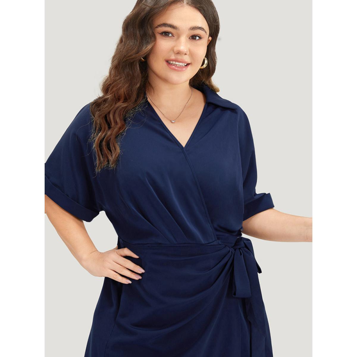 Plus Size Shirt Collar Split Hem Wrap Pocket Knot Gathered Dress DarkBlue Women Elegant Wrap Shirt collar Half Sleeve Curvy Midi Dress BloomChic 10/M Product Image