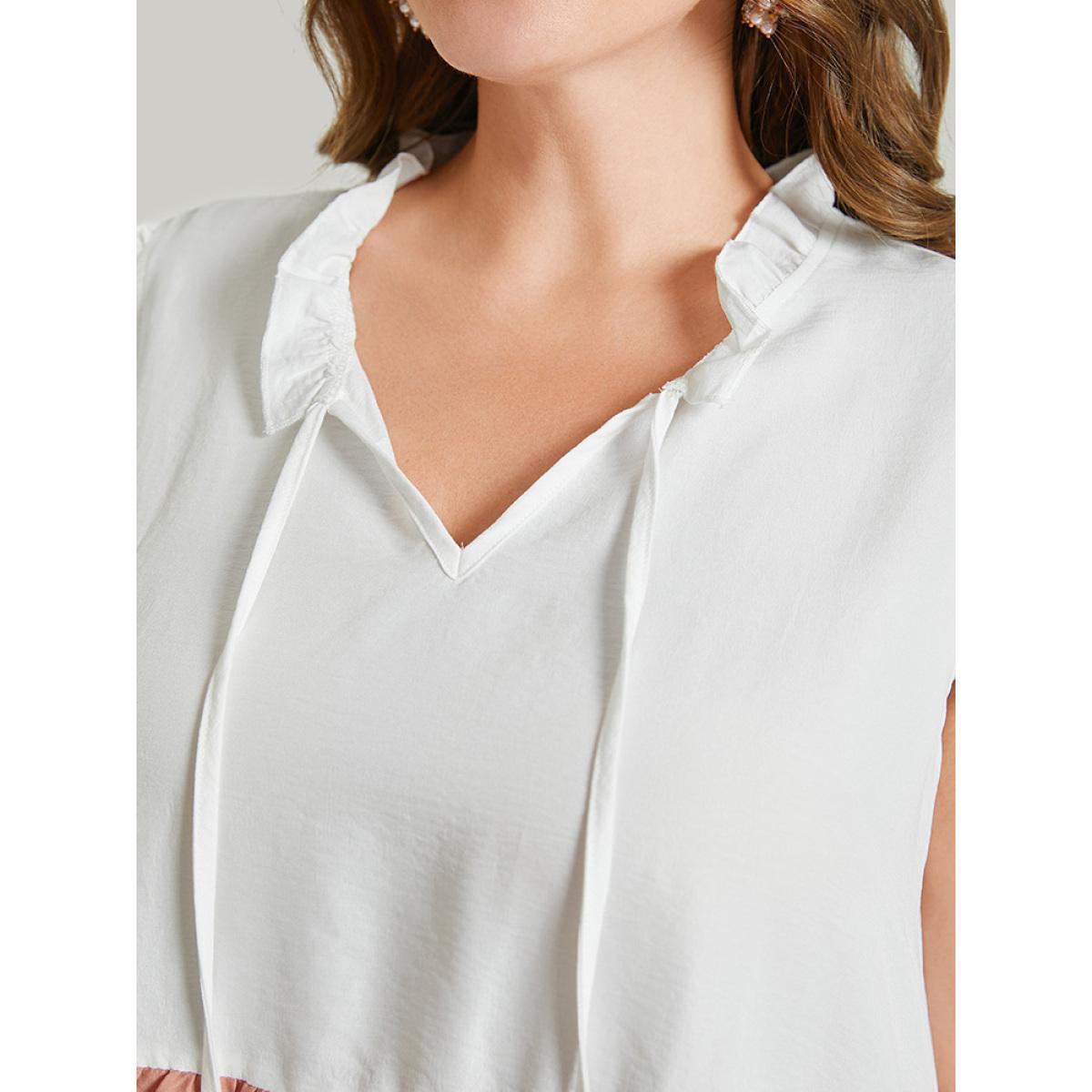 Plus Size Multicolor Colorblock Contrast Cap Sleeve Tie Neck Ruffle Tiered Blouse Women Elegant Cap Sleeve Tie Neck Dailywear Blouses BloomChic 30/6X Product Image