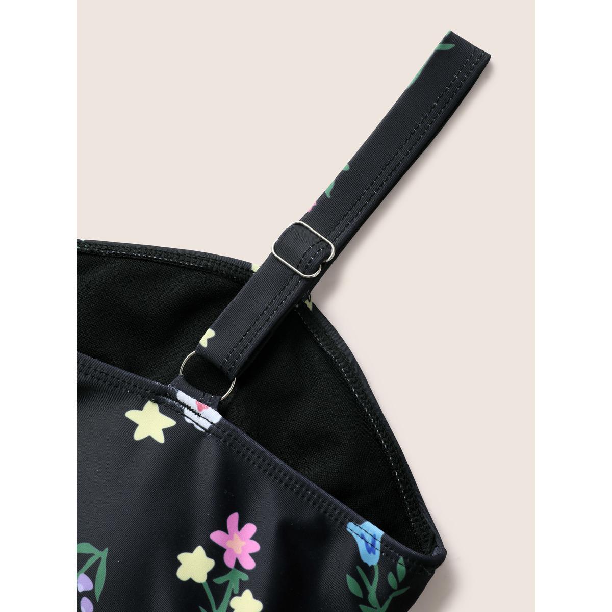 Plus Size Heart Neckline Floral Twist Front Swim Dress Women's Swimwear Black Beach Bodycon Heart neckline High stretch Curve Swim Dresses BloomChic 22-24/3X Product Image