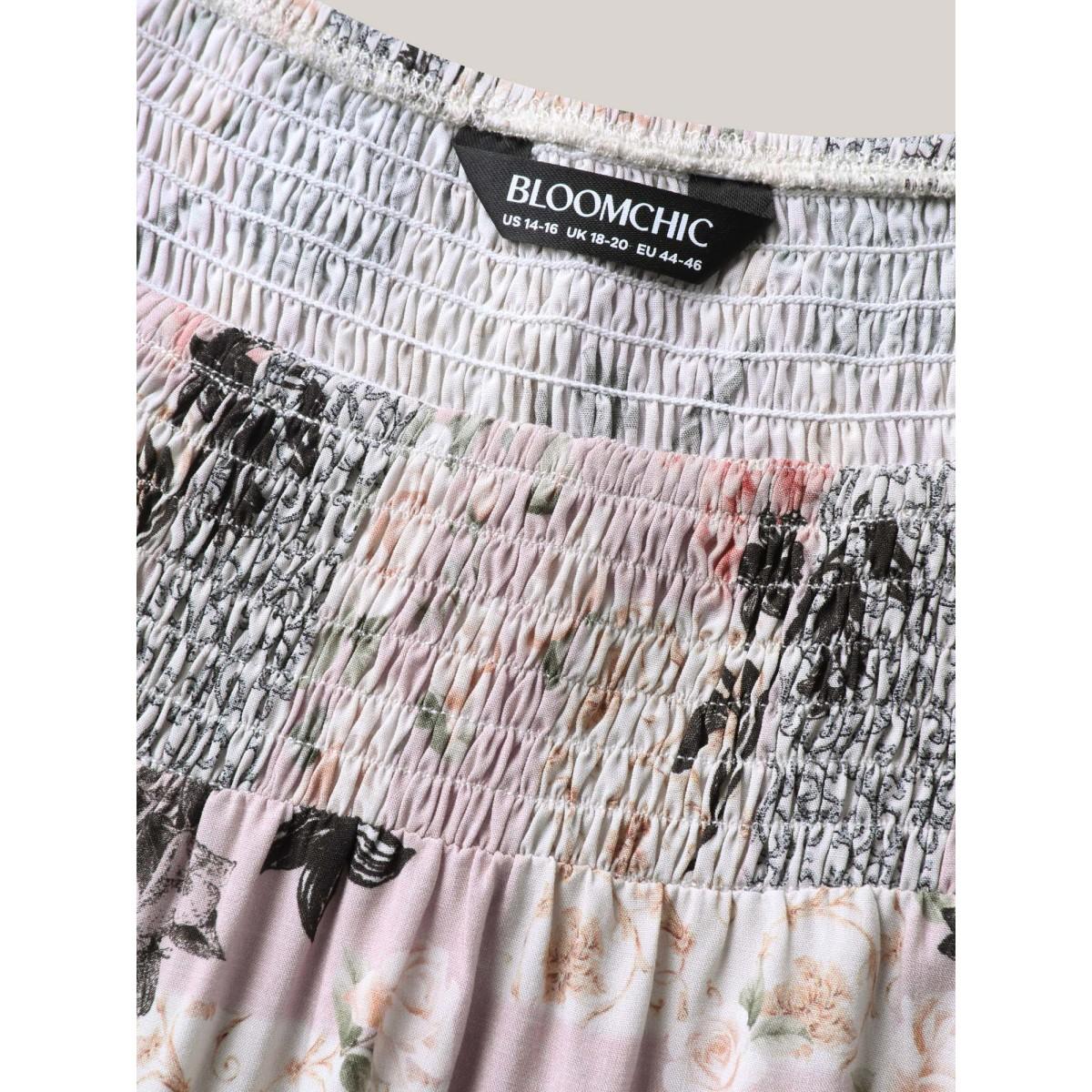 Plus Size Multicolor Floral Shirred Neck Flowy Blouse Women Elbow-length sleeve Round Neck Elegant Blouses BloomChic 22-24/3X Product Image