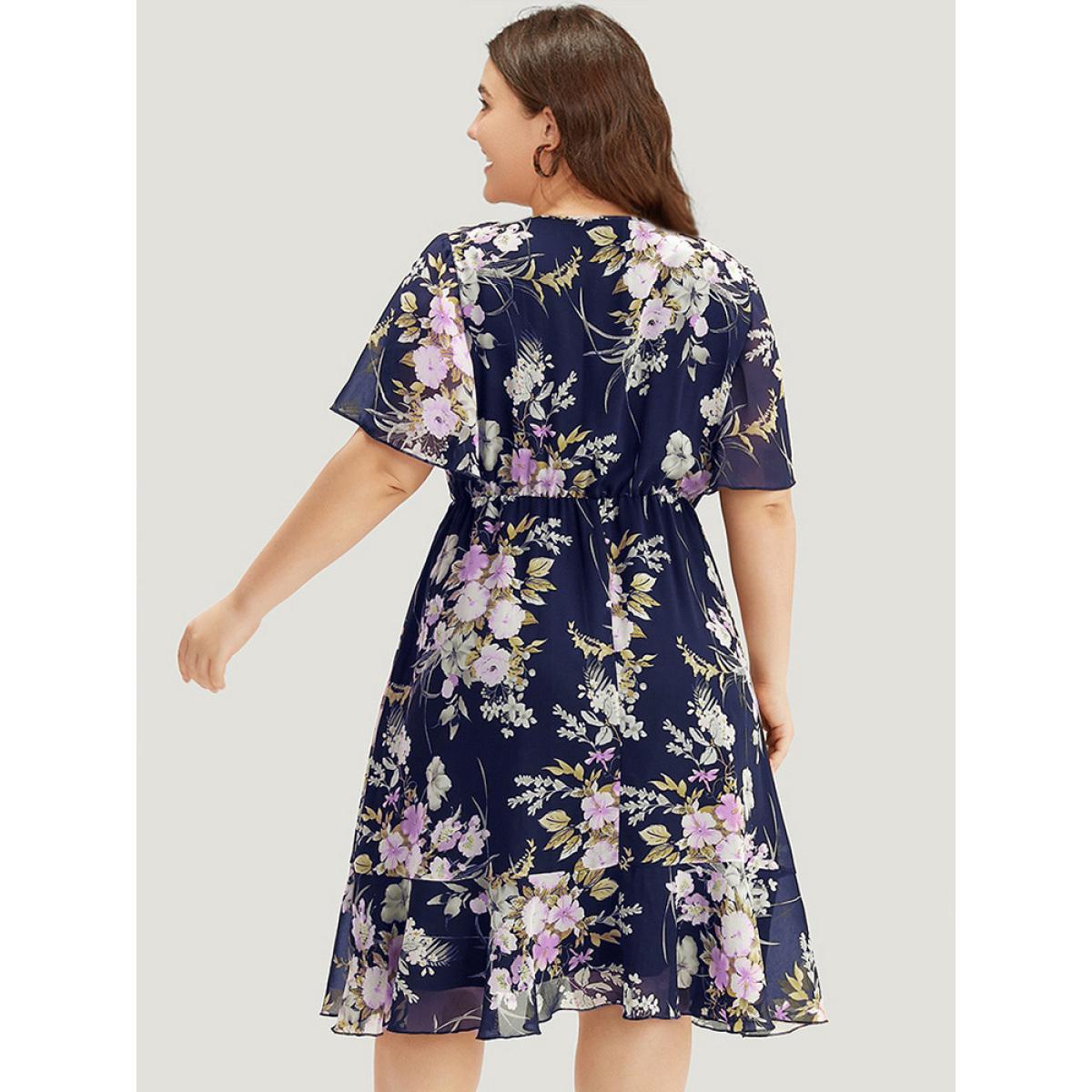 Plus Size Floral Print 2-In-1 Mesh Ruffle Sleeve Dress Indigo Women Elegant Printed V-neck Short sleeve Curvy Midi Dress BloomChic 14-16/1X Product Image