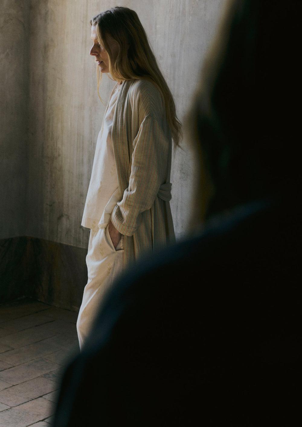 Stripe Crinkle Cotton Gown | Sage/Apricot Product Image