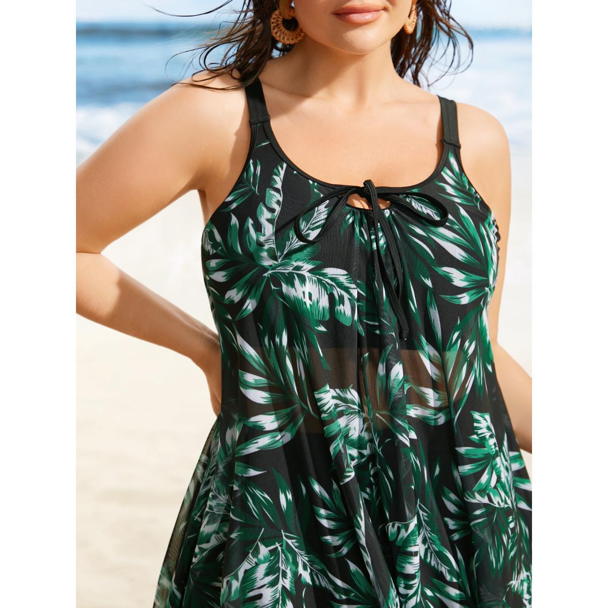 Plus Size Tropical Print Tiered Mesh Tie Knot Swim Top Women's Swimwear Black Beach Tie knot High stretch Bodycon U-neck Curve Swim Tops BloomChic 10/M Product Image