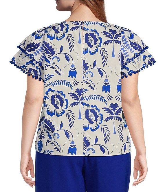 Sugarlips Plus Milagro Floral Printed Flutter Sleeve Pom-Pom-Trimmed Babydoll Blouse Product Image