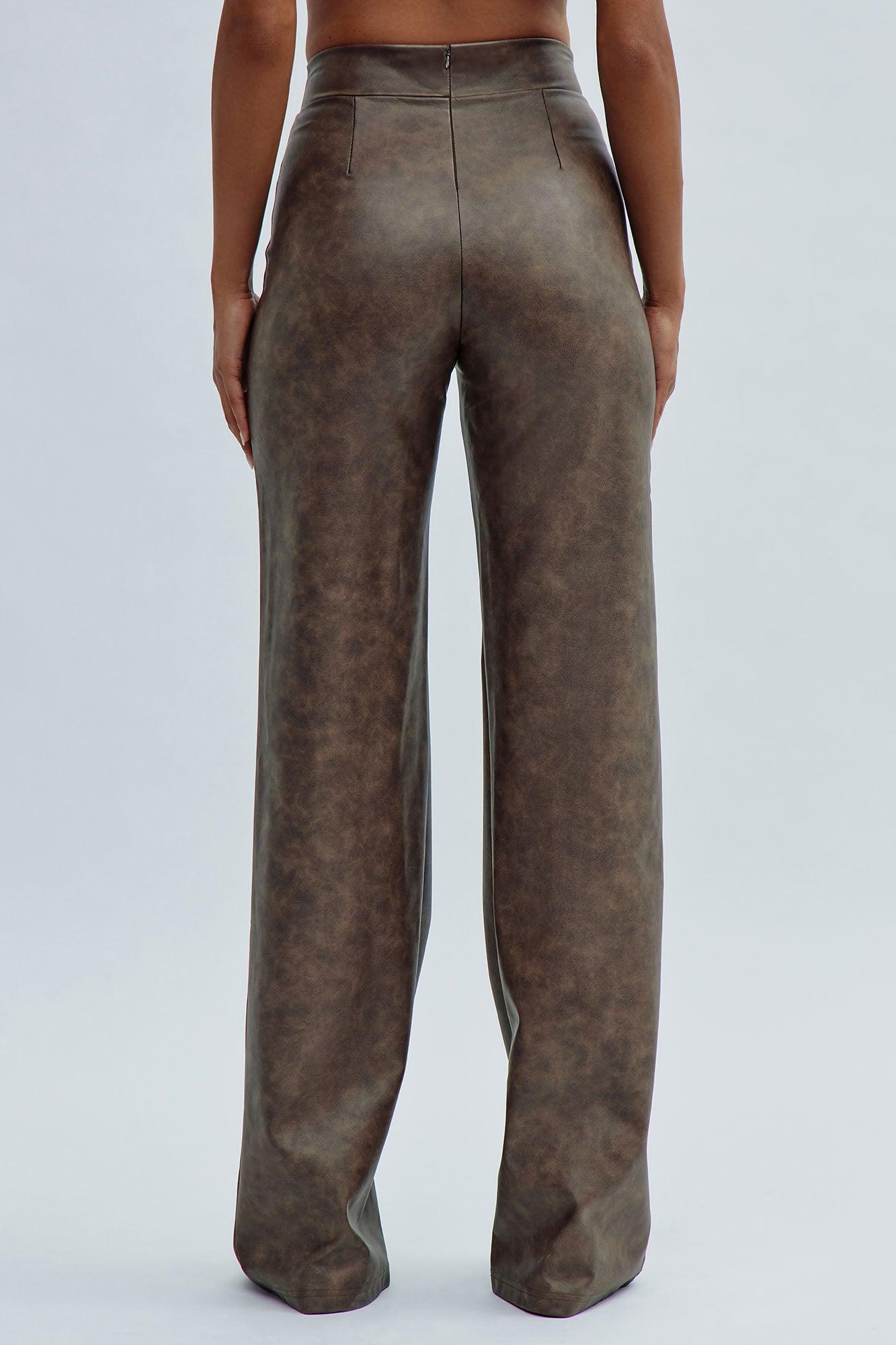 Victoria High Waisted Washed Faux Leather Dress Pants - Chocolate Product Image