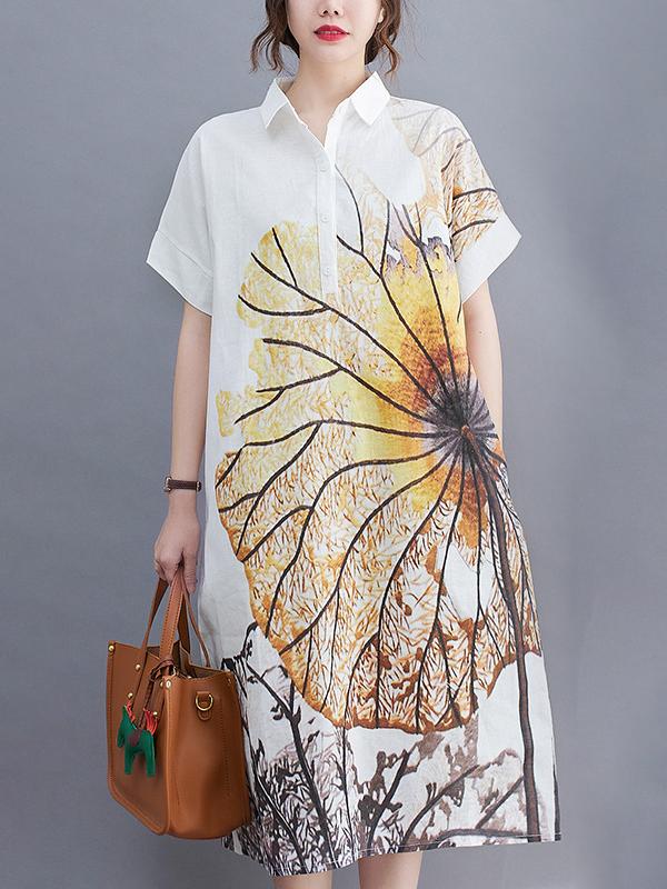 Artistic Retro Floral Printed Buttoned Lapel Collar Short Sleeves Midi Shirt Dress Product Image