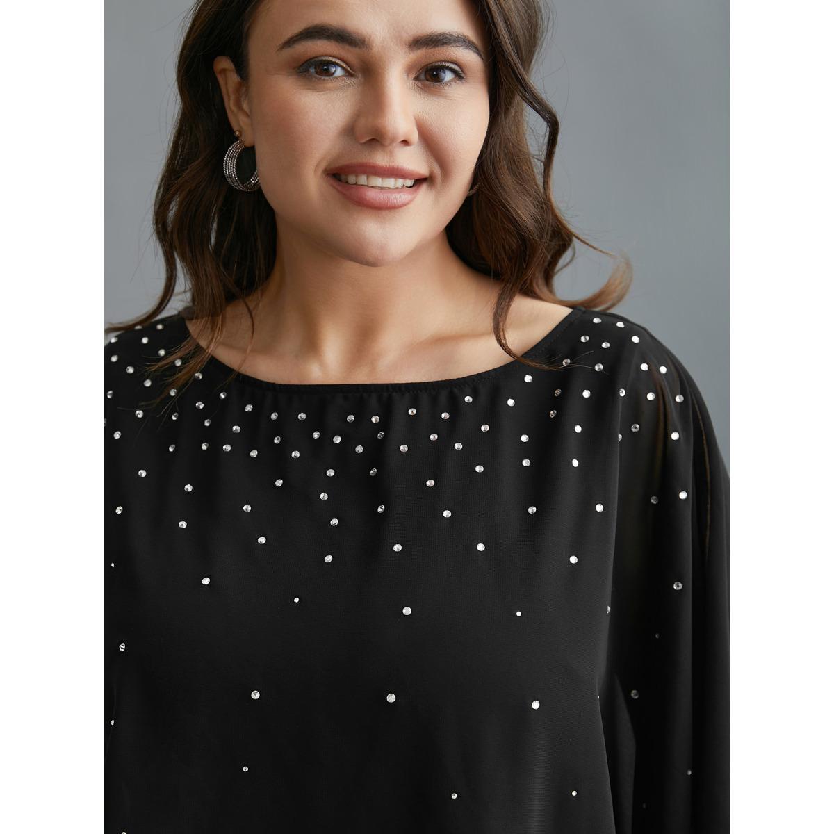 Plus Size Black Rhinestone Asymmetrical Hem Ruffle Sleeve Blouse Women Cocktail Half Sleeve Boat Neck Party Blouses BloomChic 10/M Product Image