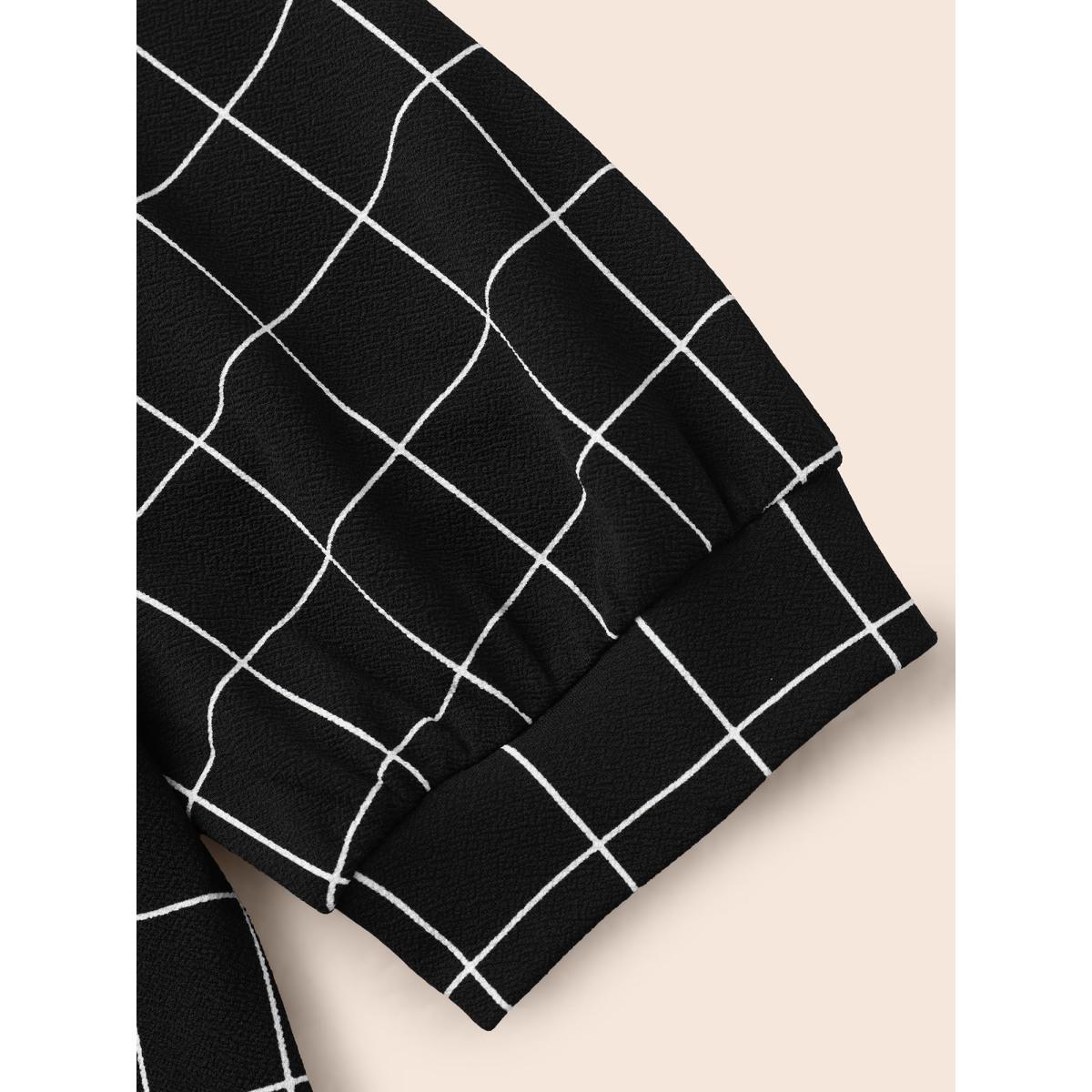 Plus Size Plaid Round Neck Lantern Sleeve T-shirt Black Women At the Office Printed Plaid Round Neck Office T-shirts BloomChic 22-24/3X Product Image