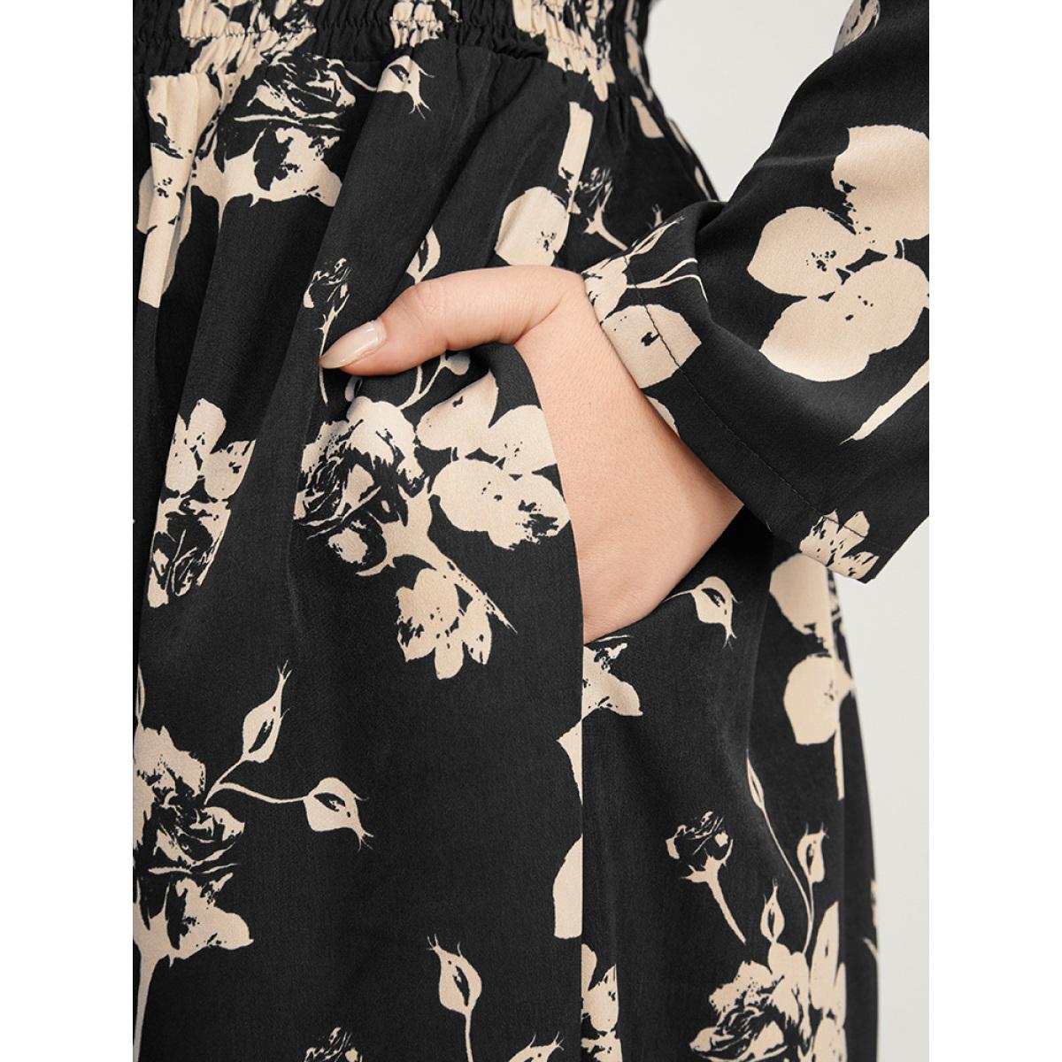 Plus Size Floral V Neck Button Pocket Shirred Midi Dress Black Women Elegant Pocket V-neck Long Sleeve Curvy Midi Dress BloomChic 30/6X Product Image