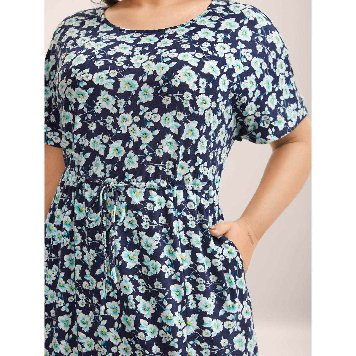 Plus Size Supersoft Ditsy Floral Waist-Tie Midi Dress Navy Women Round Neck Short sleeve Curvy BloomChic 14-16/1X Product Image